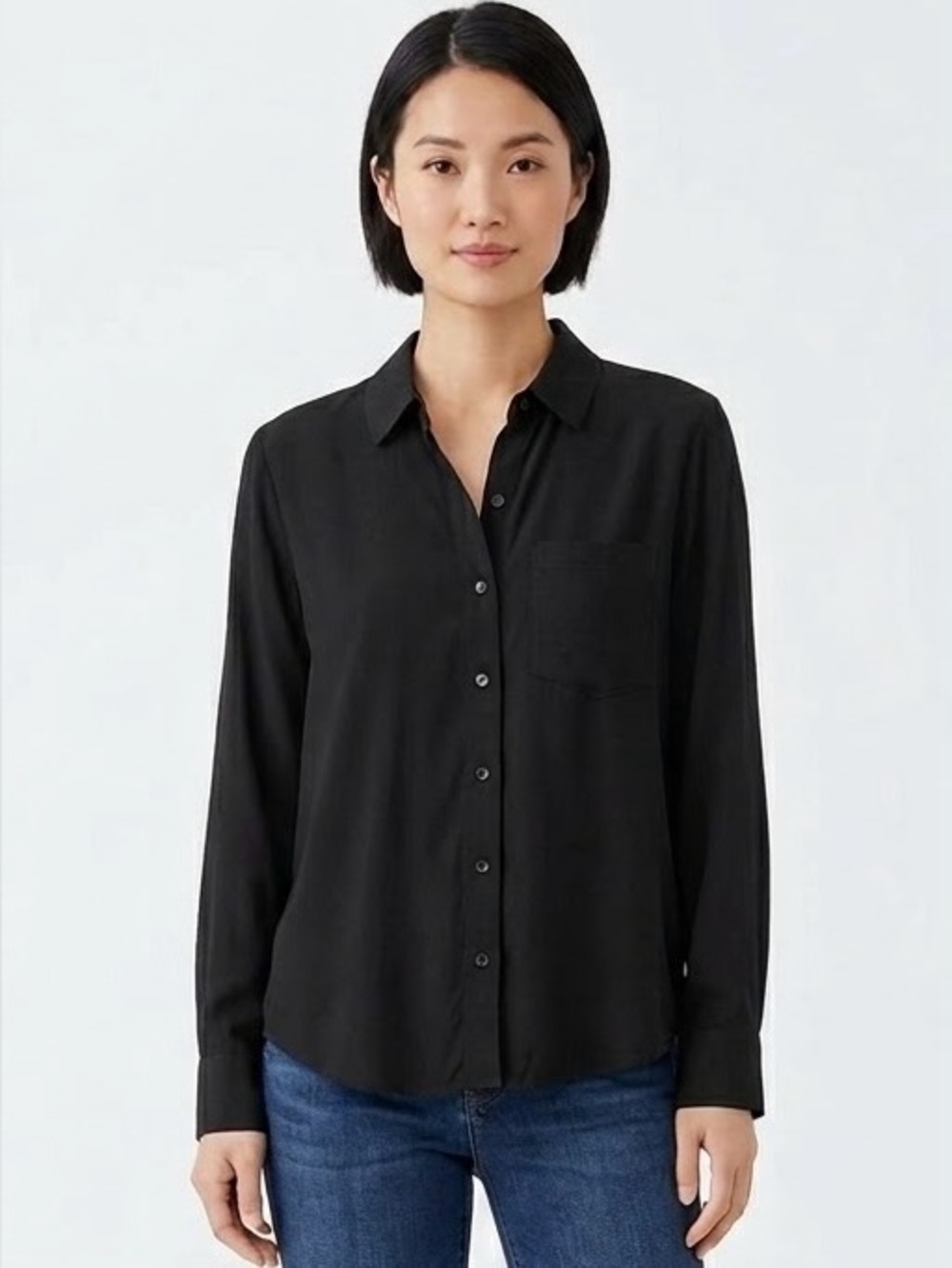 Lord & Taylor Long Sleeve Button Down Pocket Viscose Shirt Black Petite Small